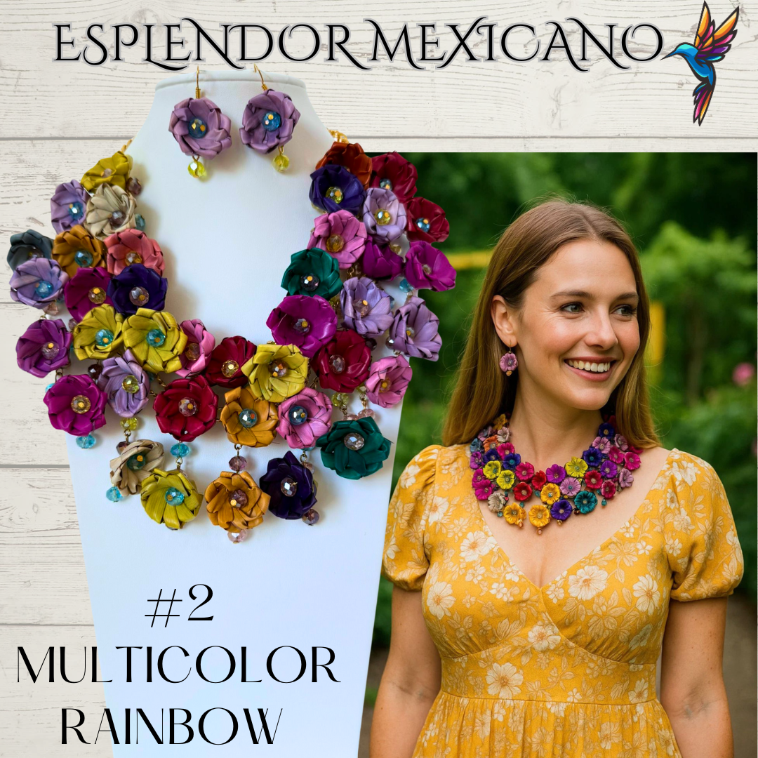 ❤️🤍💚💙 Rosalía Bloom Statement Necklace Set – Handmade Palm & Glass Beads