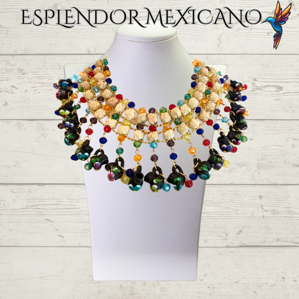 🌈 Colorful Jarritos Statement Necklace Set – Palm, Talavera Clay & Beads