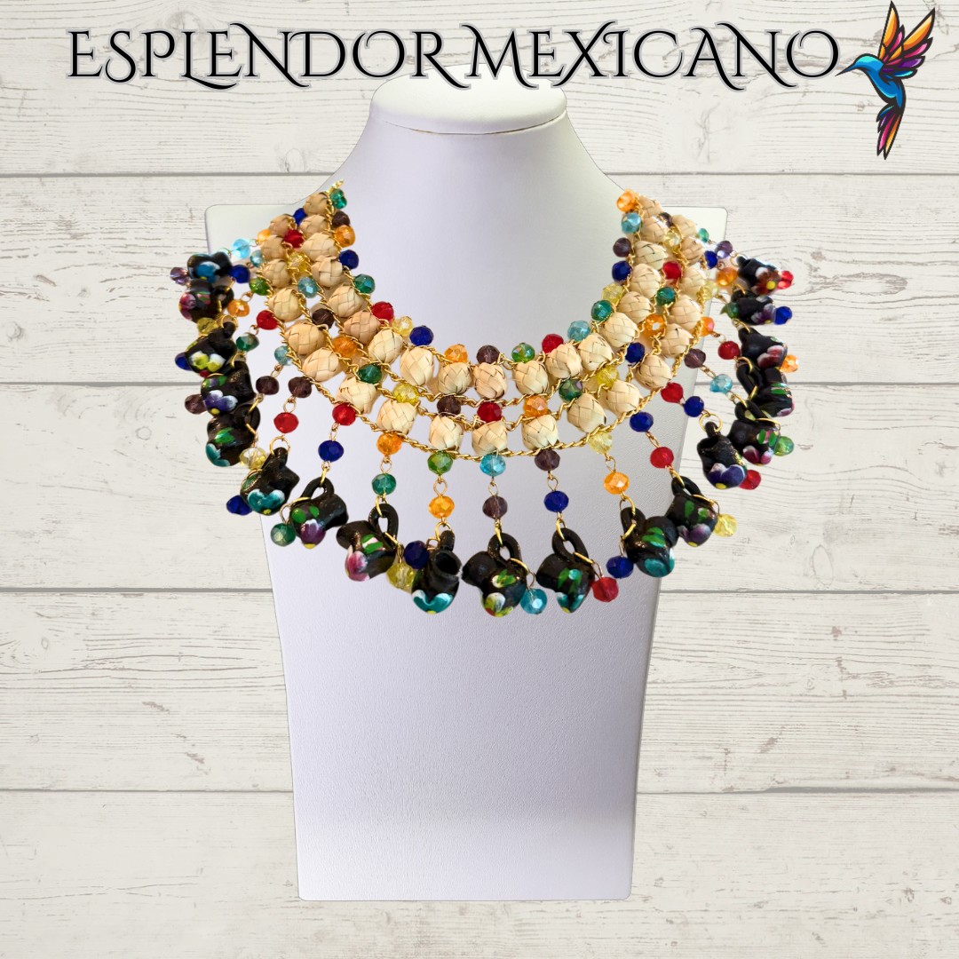 🌈 Colorful Jarritos Statement Necklace Set – Palm, Talavera Clay & Beads