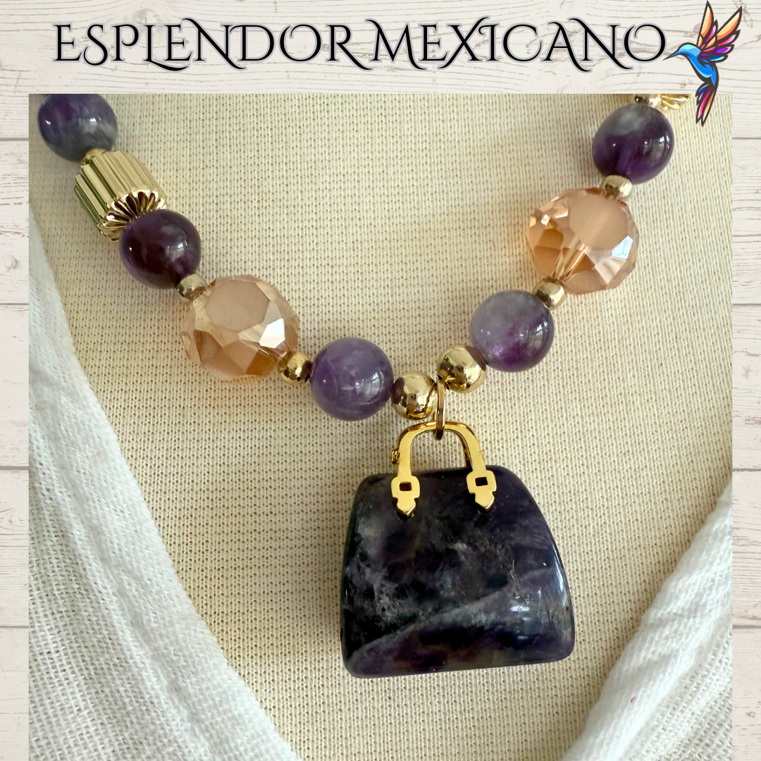 💜 Amethyst & Agate Purse Charm Necklace – Handmade in Mexico