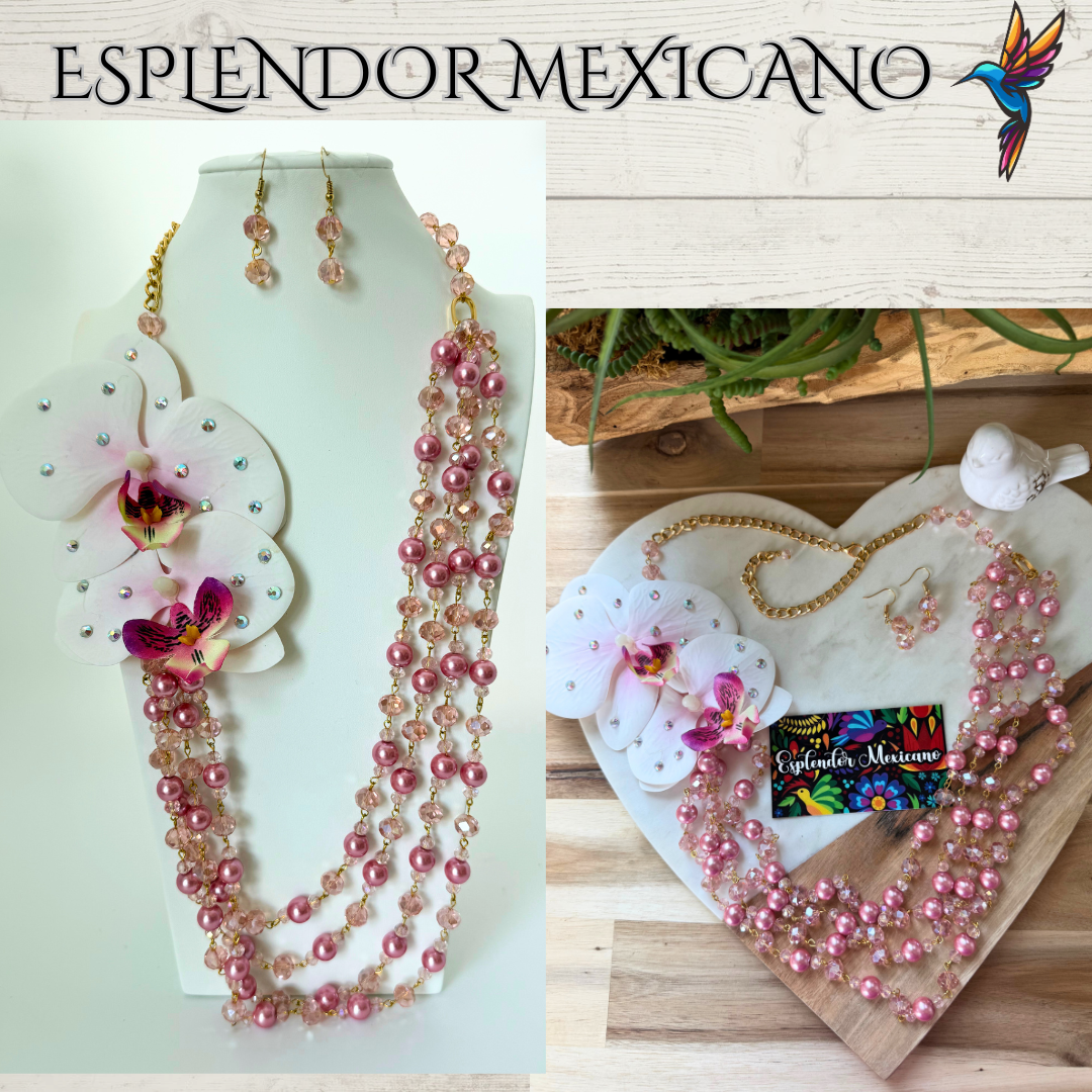 🌸 Bold Orchid Necklace Set – Handmade in Mexico