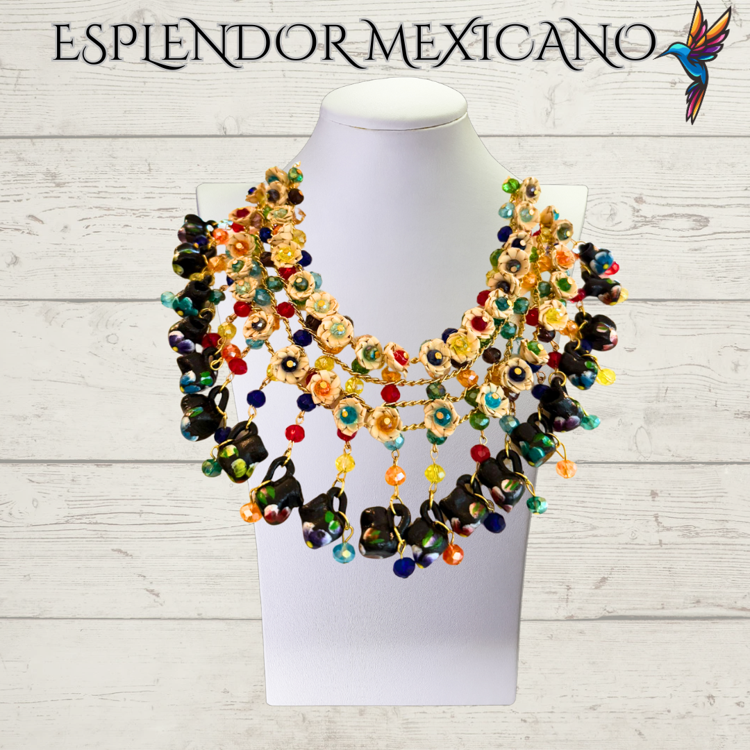🌸 Fiesta Dreams Statement Necklace Set – Hand-Painted Jarritos, Palm & Beads