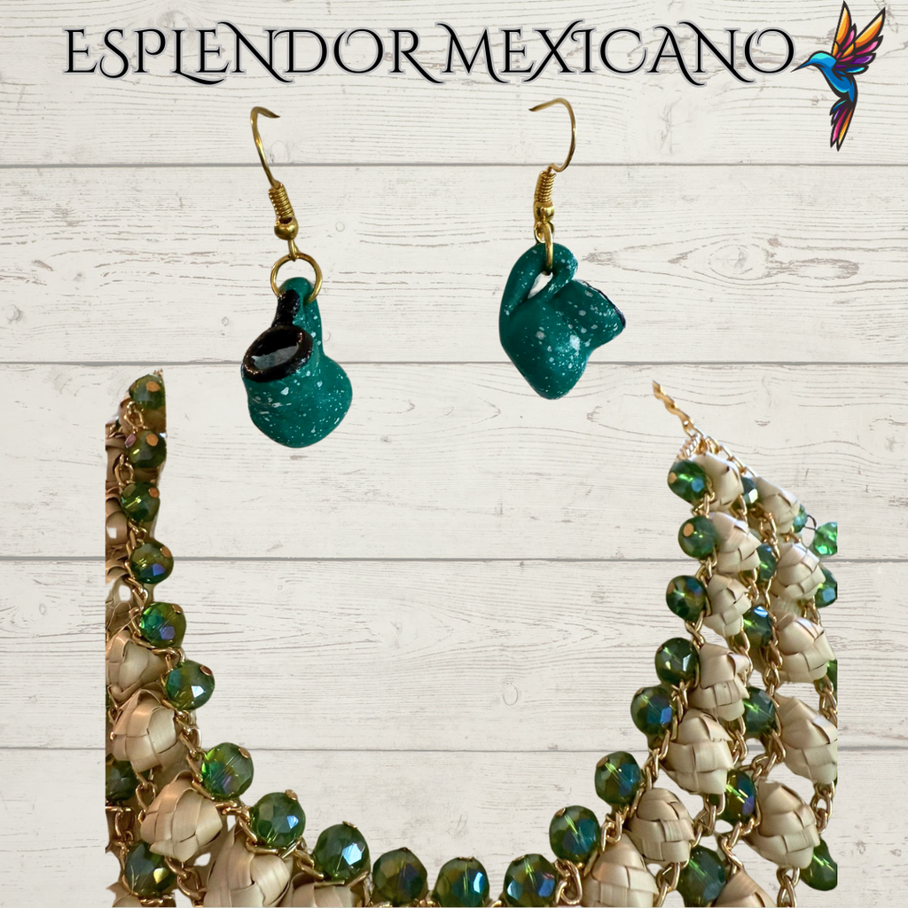 💚 Fiesta Dreams Statement Necklace Set – Talavera Clay Platitos, Palm & Beads