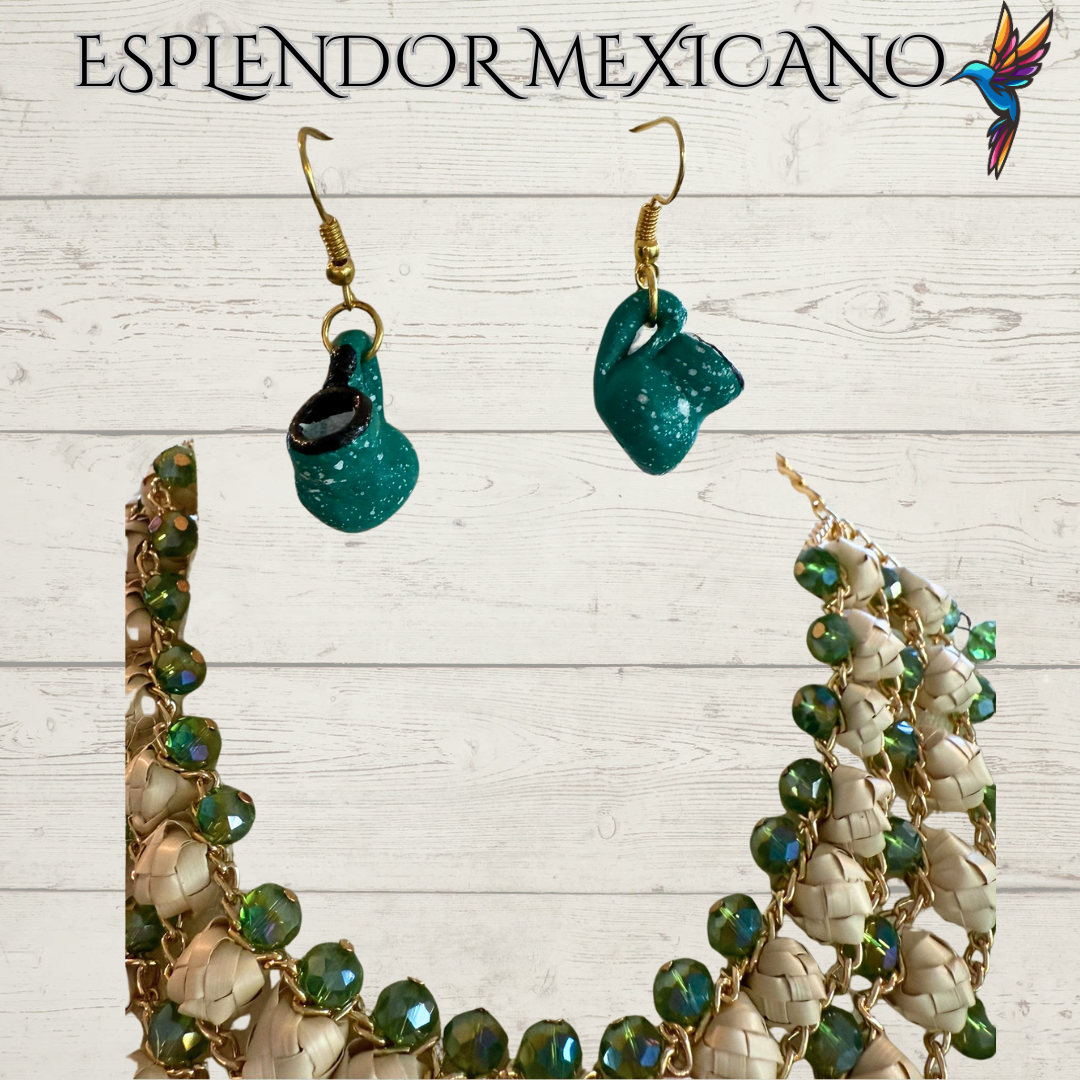 💚 Fiesta Dreams Statement Necklace Set – Talavera Clay Platitos, Palm & Beads