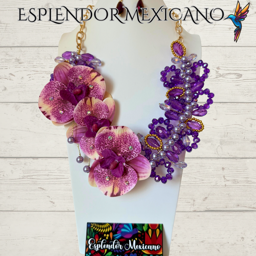 🌸 Orchid Statement Necklace Set – Handmade in Mexico