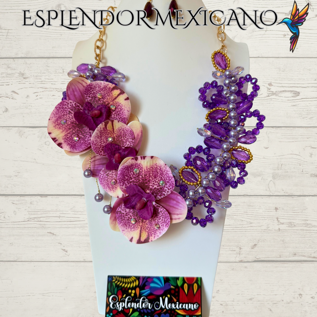 🌸 Orchid Statement Necklace Set – Handmade in Mexico