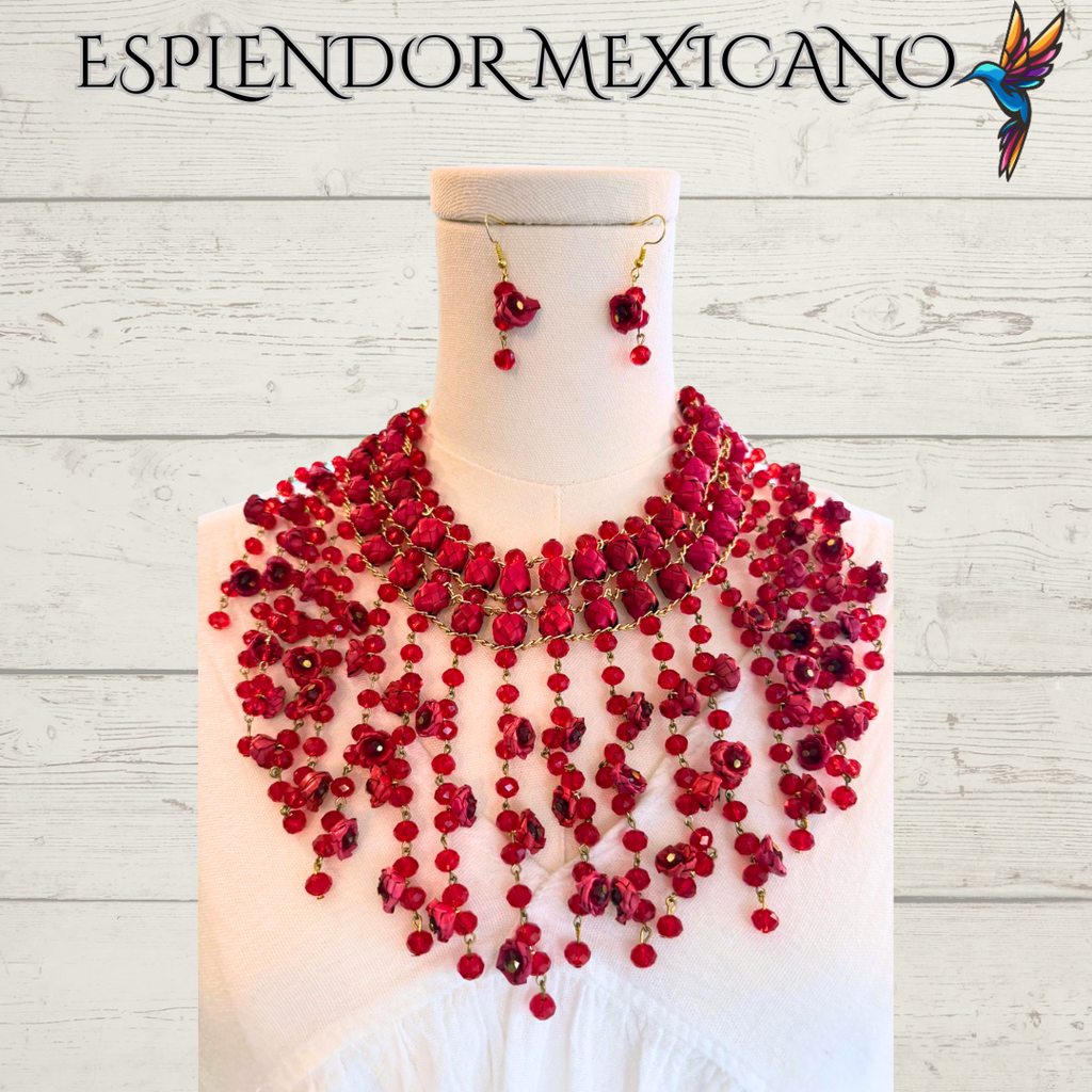 ❤️ Cascada Roja Statement Necklace Set – Hand-Painted Palm & Beads