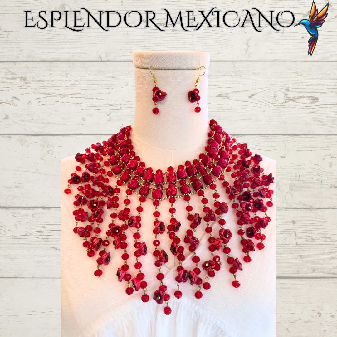 ❤️ Cascada Roja Statement Necklace Set – Hand-Painted Palm & Beads