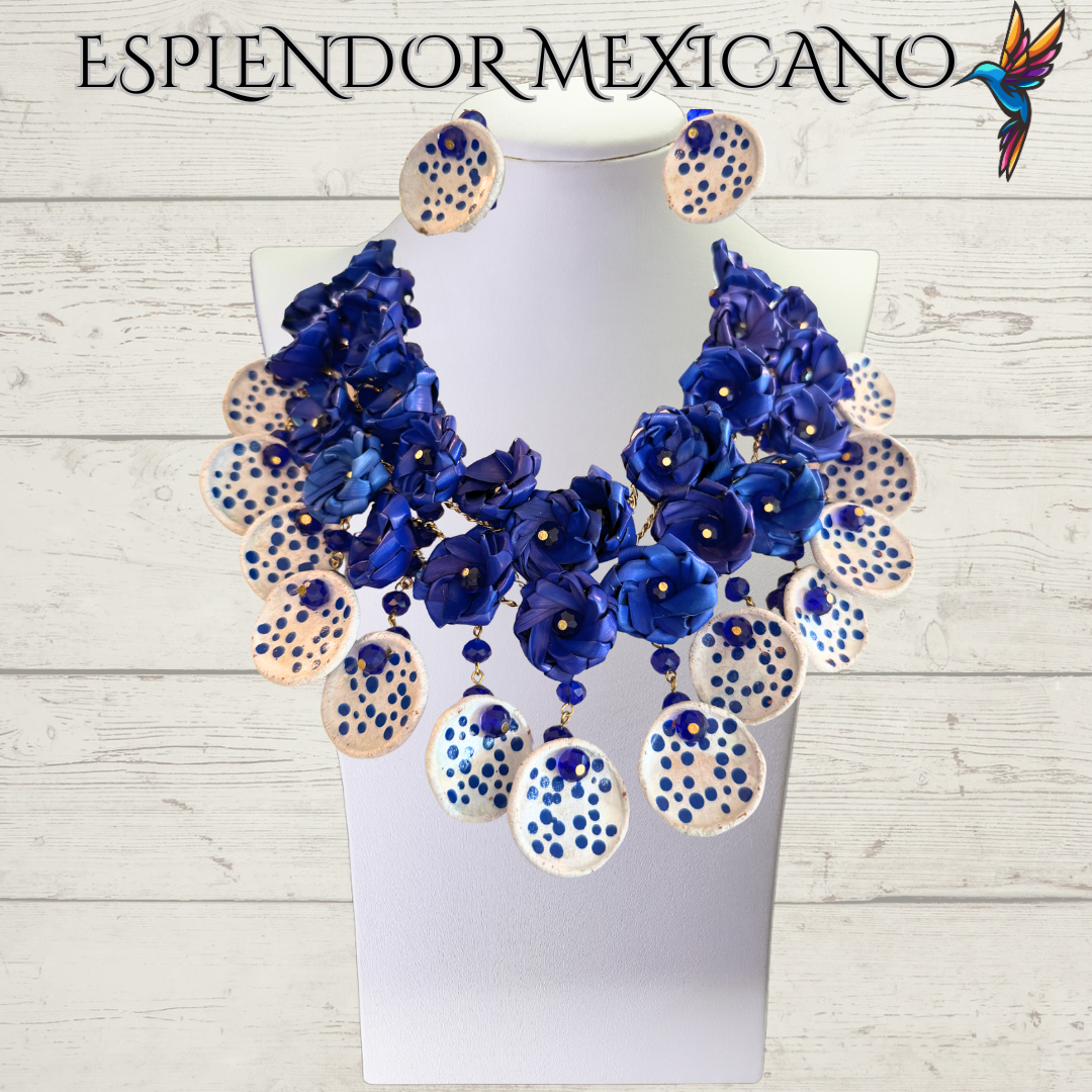 💙🤍 Fiesta Dreams Statement Necklace Set – Talavera Clay, Palm & Glass Beads