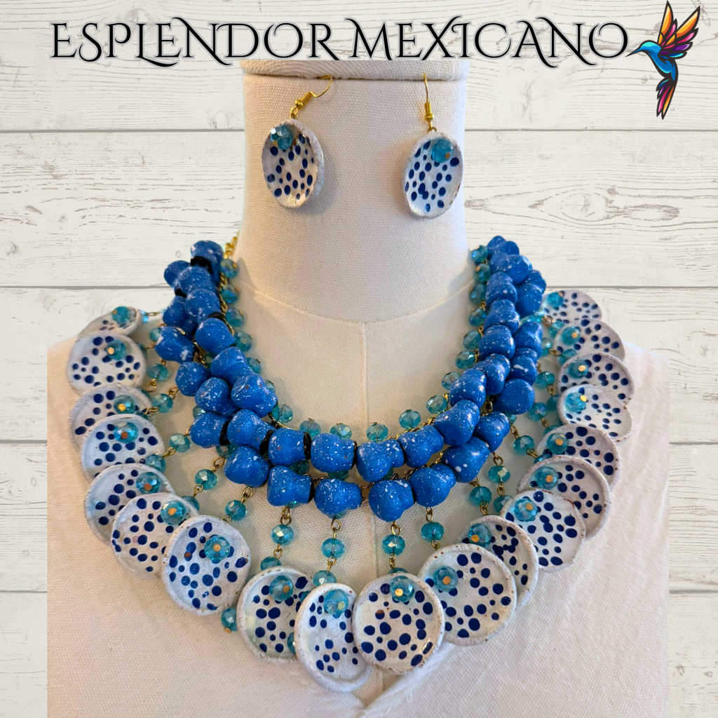 💙🩵 Fiesta Dreams Statement Necklace Set – Talavera Clay Jarritos, Platitos & Glass Beads