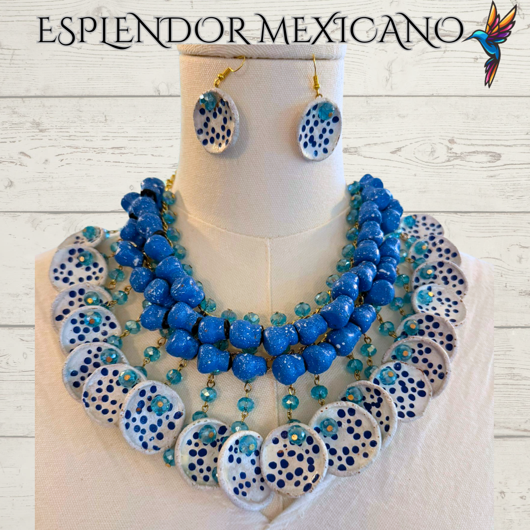 💙🩵 Fiesta Dreams Statement Necklace Set – Talavera Clay Jarritos, Platitos & Glass Beads