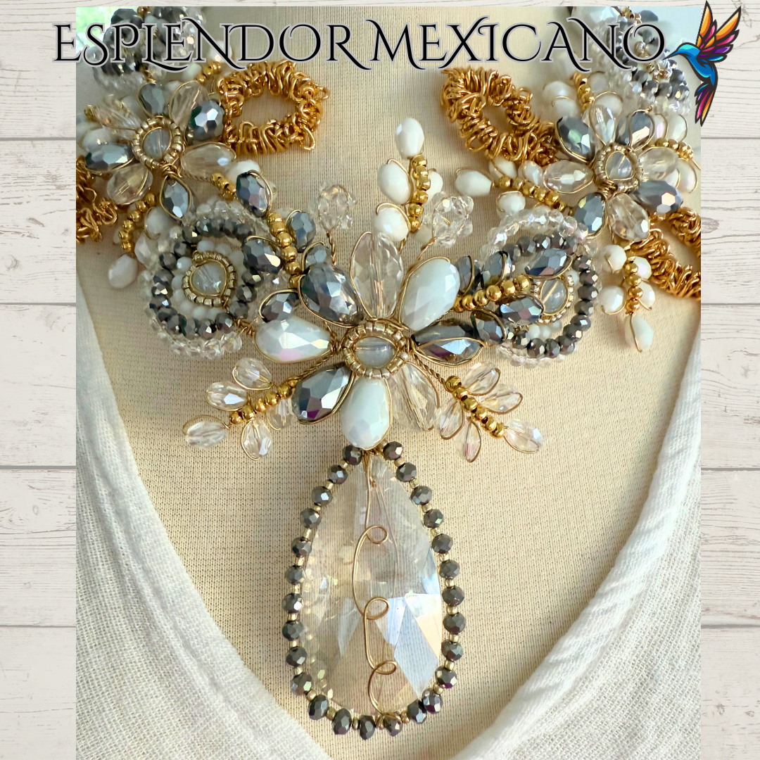 🤍✨ White & Gold Tear Drop Beaded Necklace Set – Handmade in Mexico