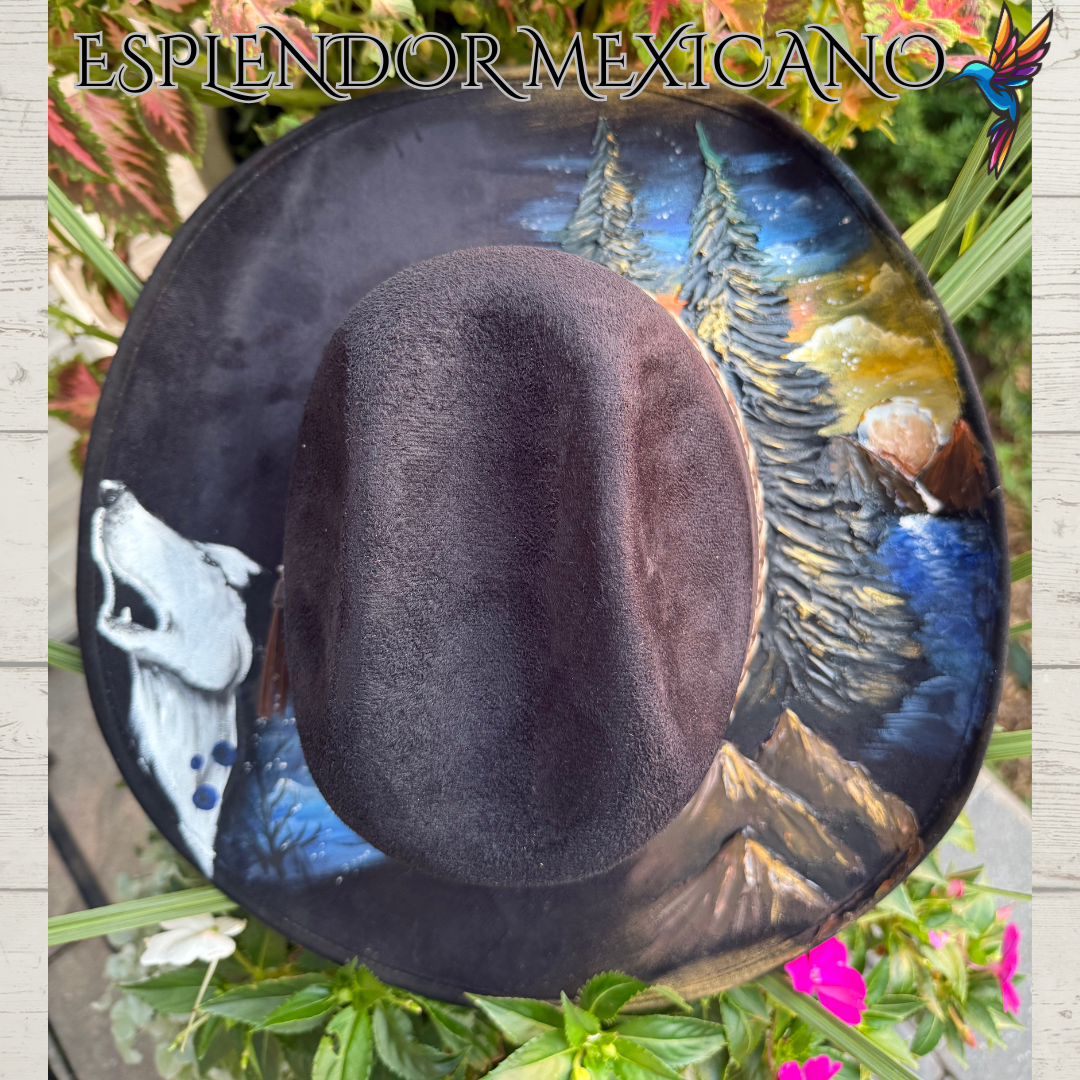 🖤 Western Suede Cowgirl Hat – Hand-Painted Wolf & Mountain Scene