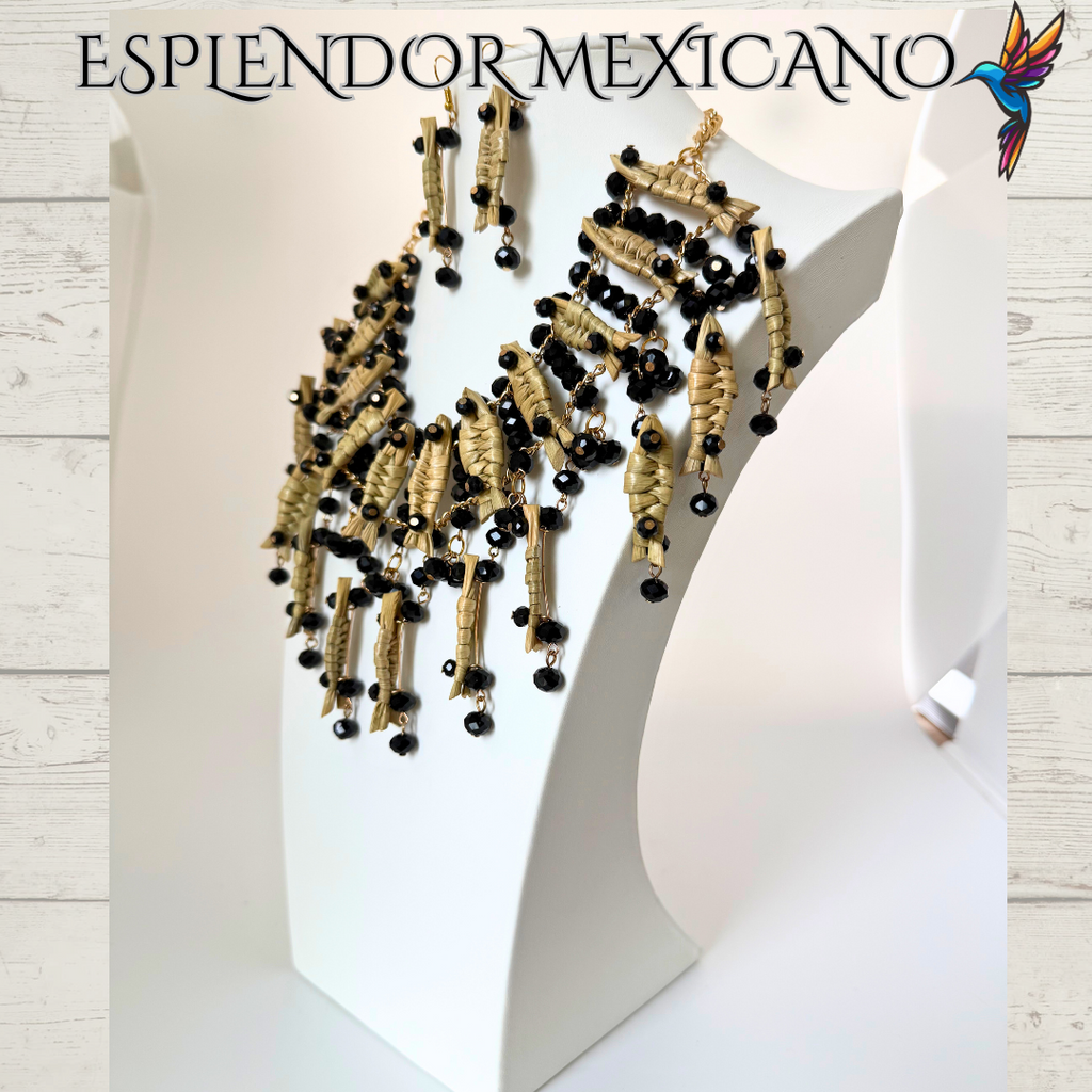 Mexican Artisanal Palm Fish Necklace Jewelry Set with Glass Beads