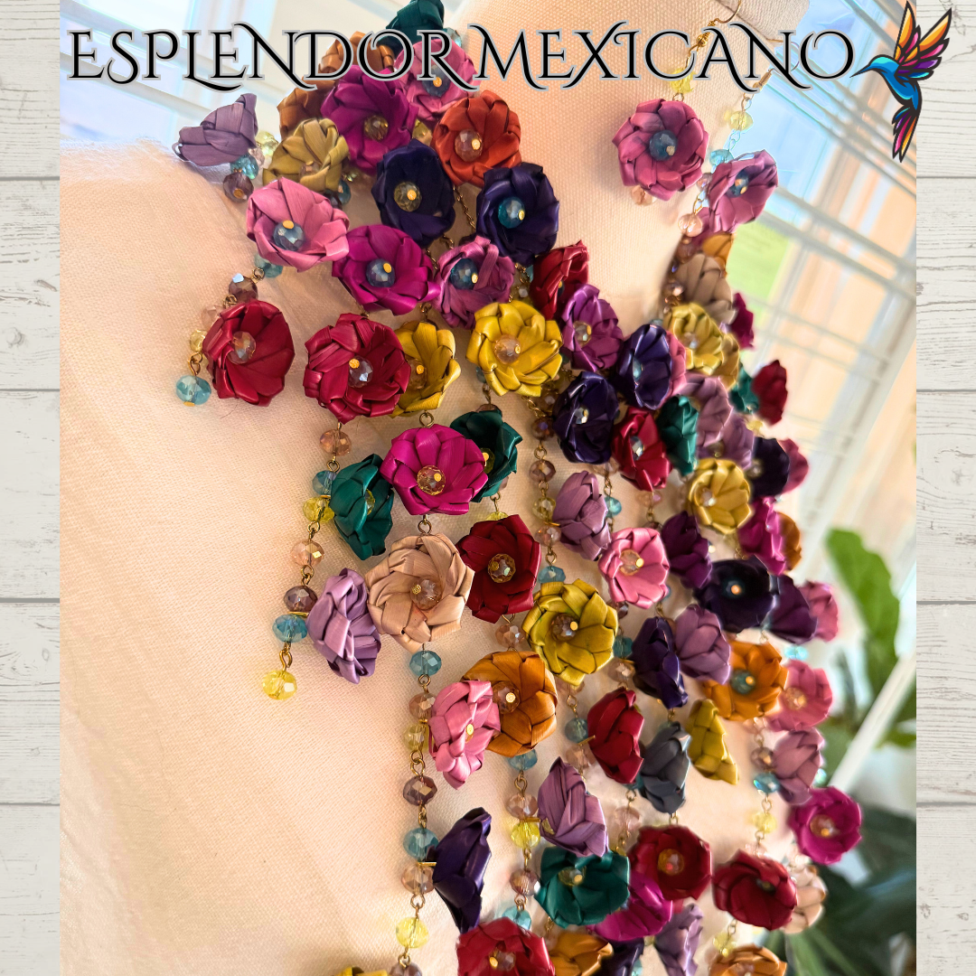 💜💙🩷💚🧡 Natural Palm Statement Necklace Set – Handmade with Glass Beads