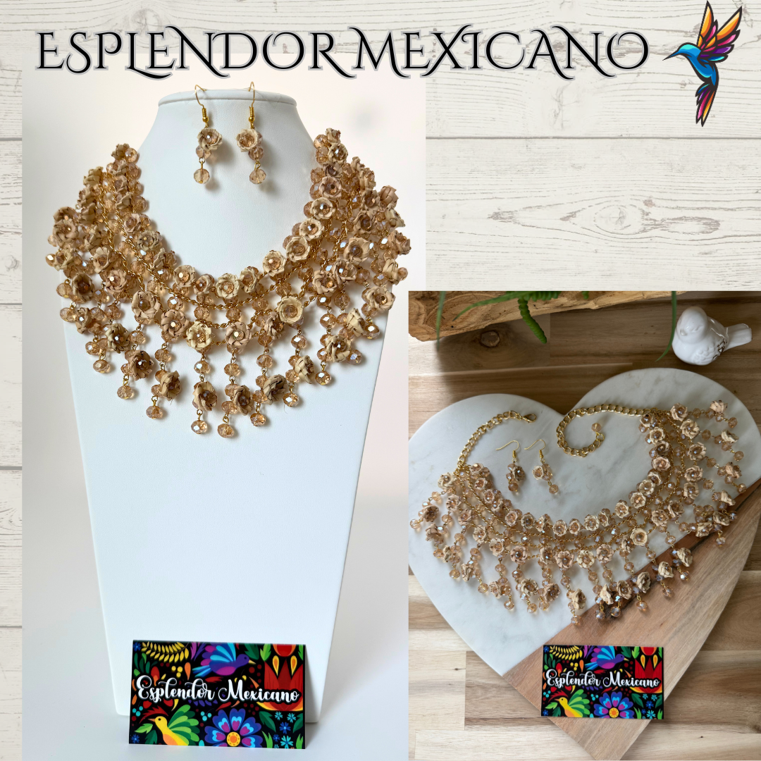 Mexican Artisanal Palm Flower Necklace Jewelry Set with Glass Beads