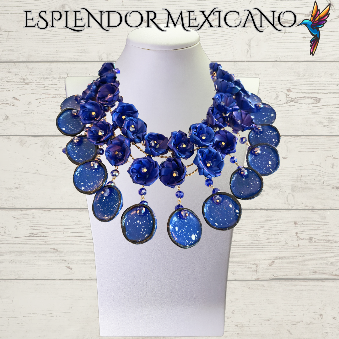 💎💙 Bold Blue Heritage Necklace Set – Mexican Talavera & Palm Craft