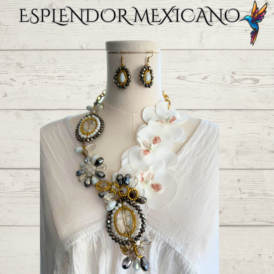 🌸 White Orchid Statement Necklace Set – Handmade in Mexico