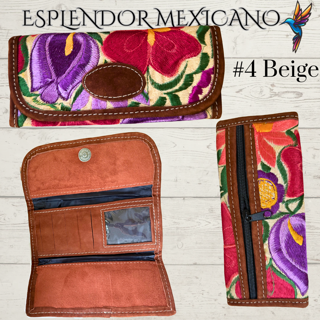 🌸 Handmade Mexican Floral Embroidered Wallet – Gamuza & Cotton