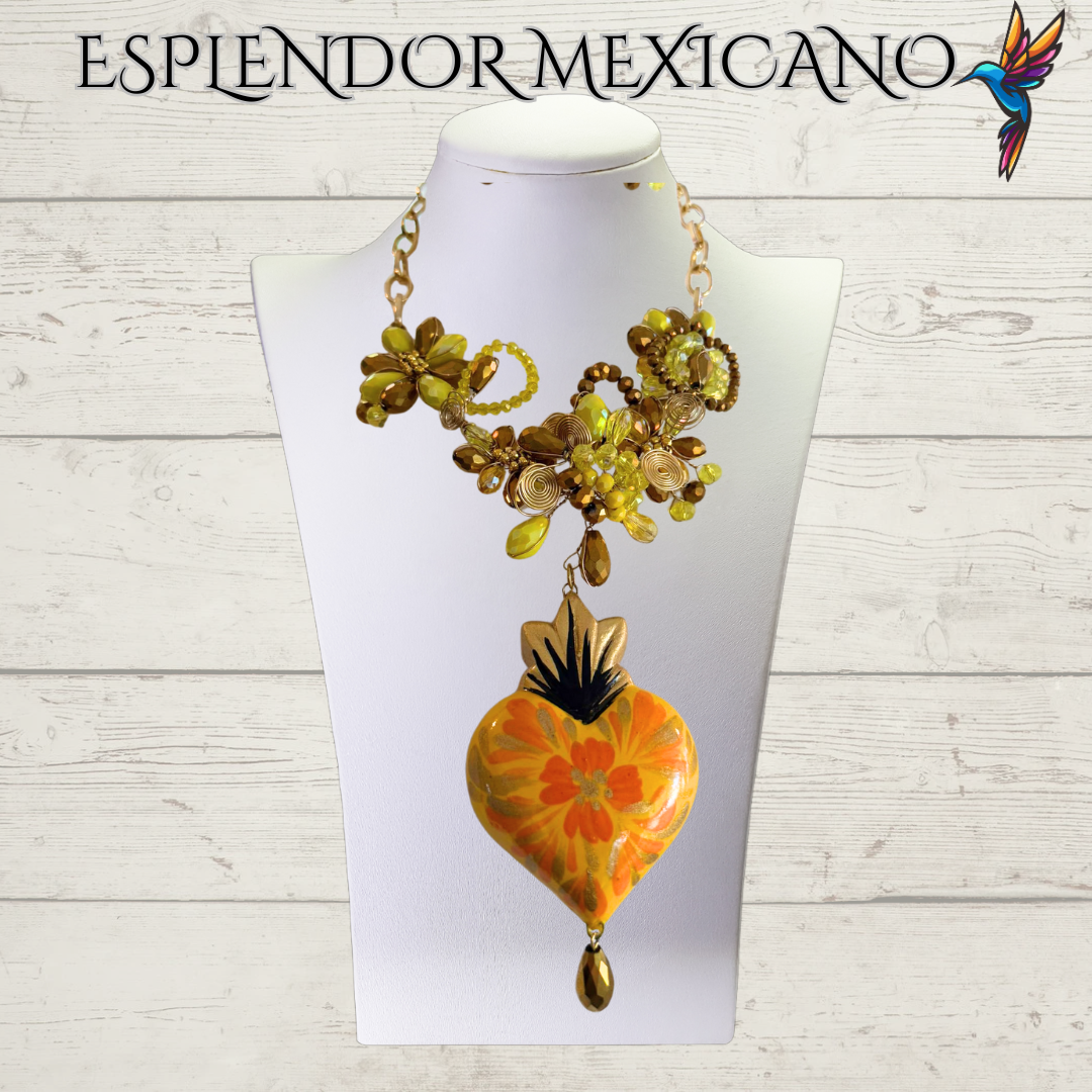 🧡💛 Floral Heart Necklace Set – Hand-Painted Ceramic & Beads | Handmade in Mexico