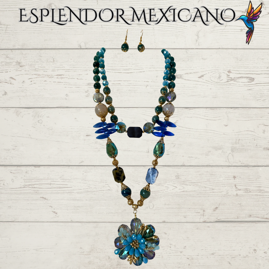 💙 Golden Handmade Necklace with Blue & Turquoise Gemstones – Artisan Jewelry from Mexico