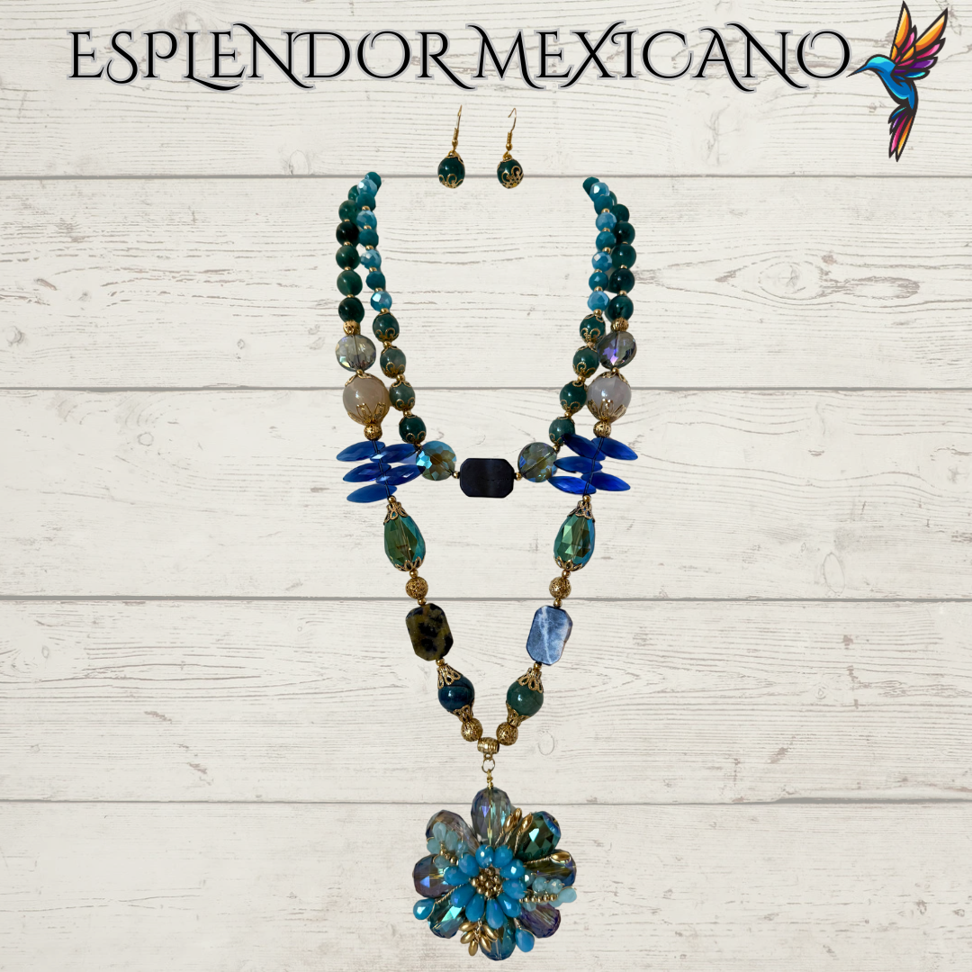 💙 Golden Handmade Necklace with Blue & Turquoise Gemstones – Artisan Jewelry from Mexico