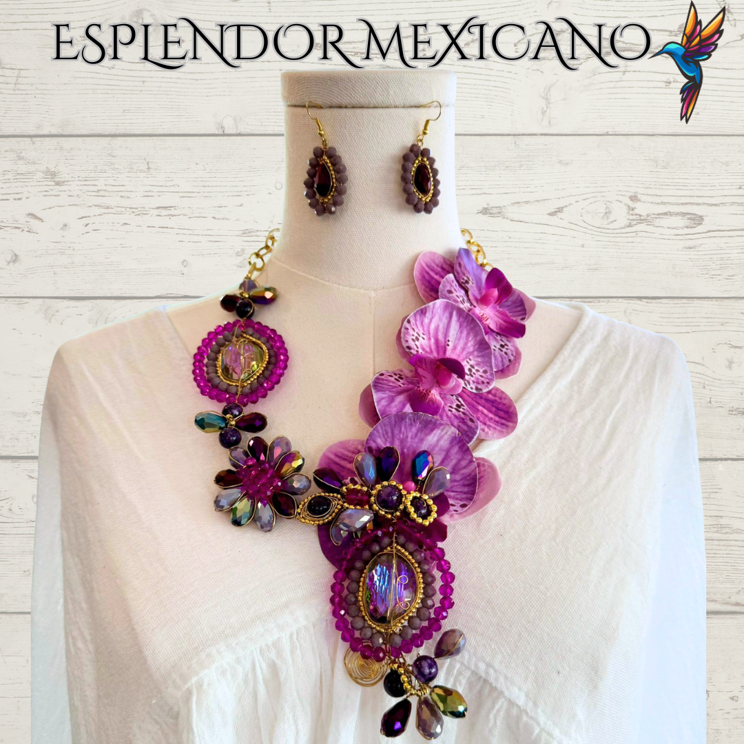 🌸 Orchid Statement Necklace Set – Handmade in Mexico