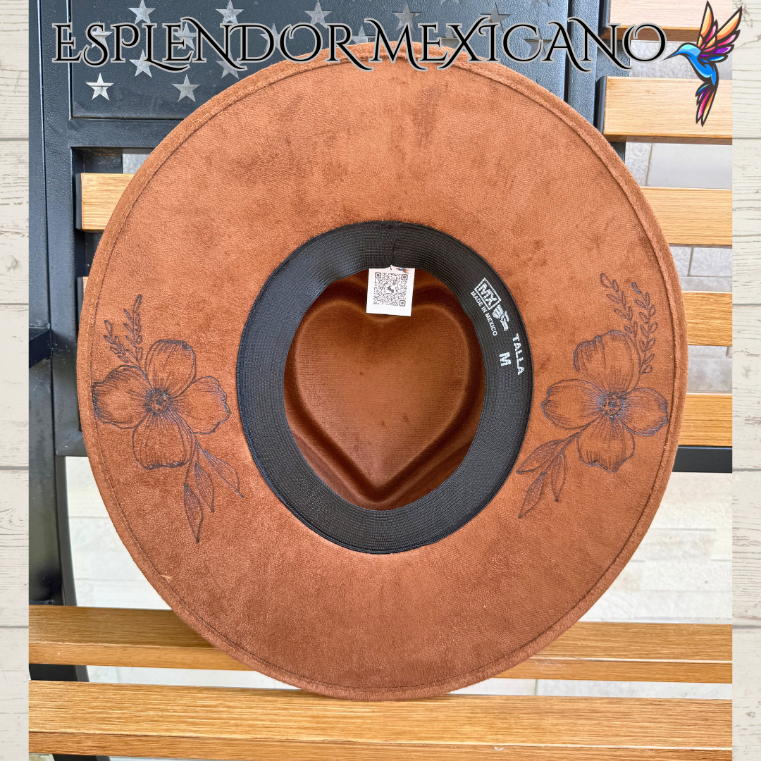 🤎 Hand-Burned Suede Cowgirl Hat – Hummingbird & Floral Design