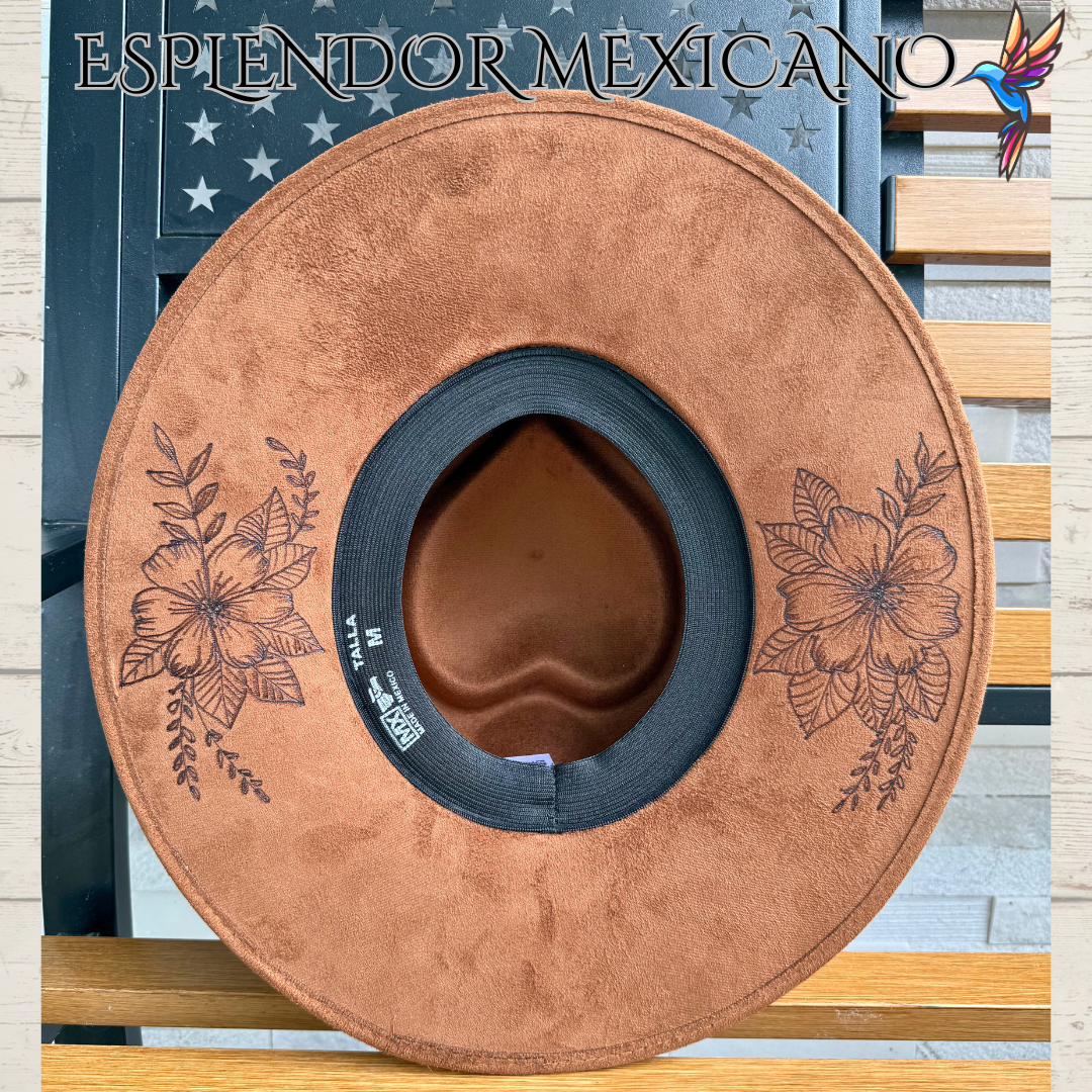 🤎 Hand-Burned Suede Cowgirl Hat – Bird & Floral Design