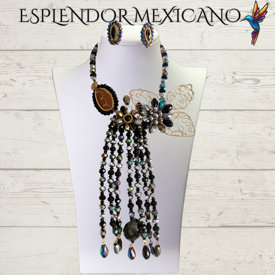 🖤💛 Handmade Floral Cascade Necklace Set
