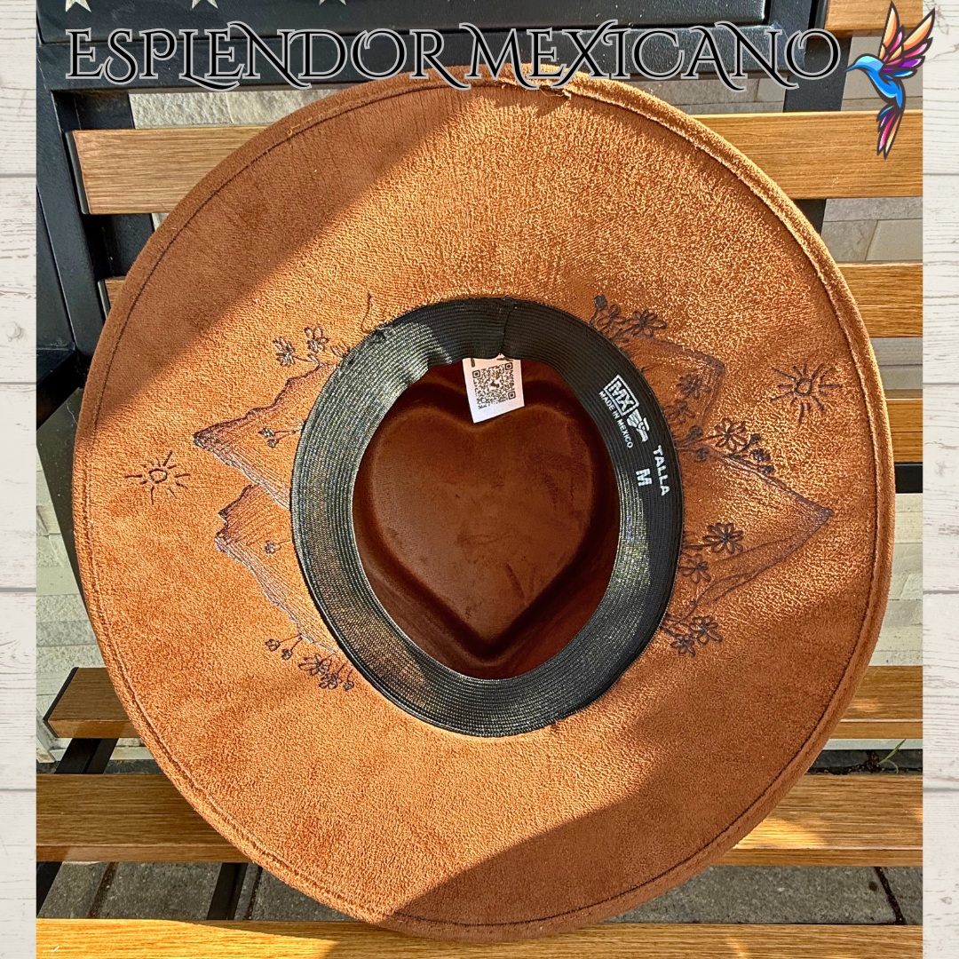 🤎 Hand-Burned Horse & Mountain Cowgirl Hat – Suede Heart Shape