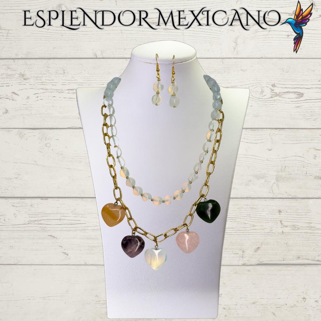 Mexican handmade Moonstone,Agate, Quartz Necklace Set/Natural Stone Healing Crystal Spiritual Protection Gift/Beaded Stone Necklace/Hearts