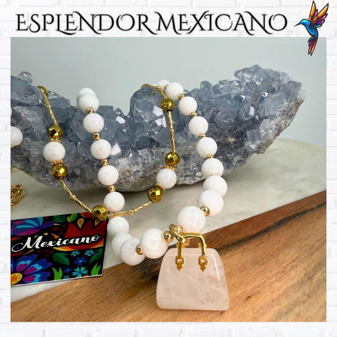 Mexican handmade White Jade Necklace Set/Natural Stone Healing Crystal Spiritual Protection Gift/ Beaded Stone Necklace/Health benefit stone