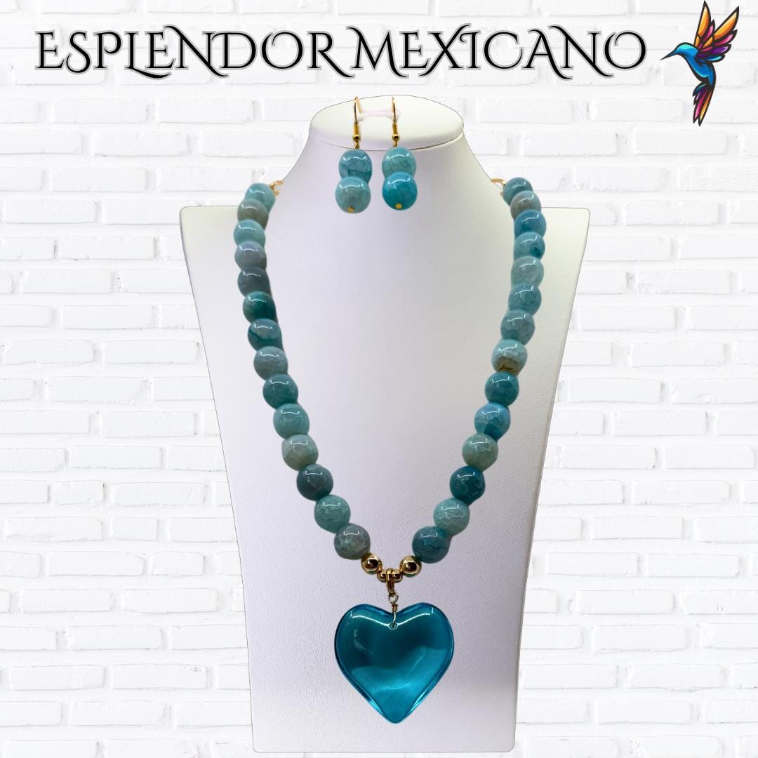 Mexican handmade Blue Agate Heart Necklace / Natural Stone Healing Crystal Spiritual Protection Gift / Glass heart / Beaded Stone Necklace