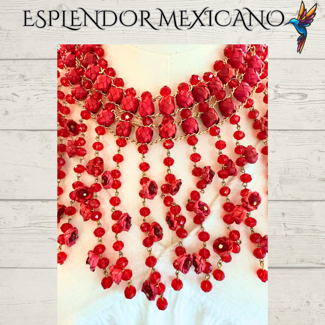 ❤️ Cascada Roja Statement Necklace Set – Hand-Painted Palm & Beads