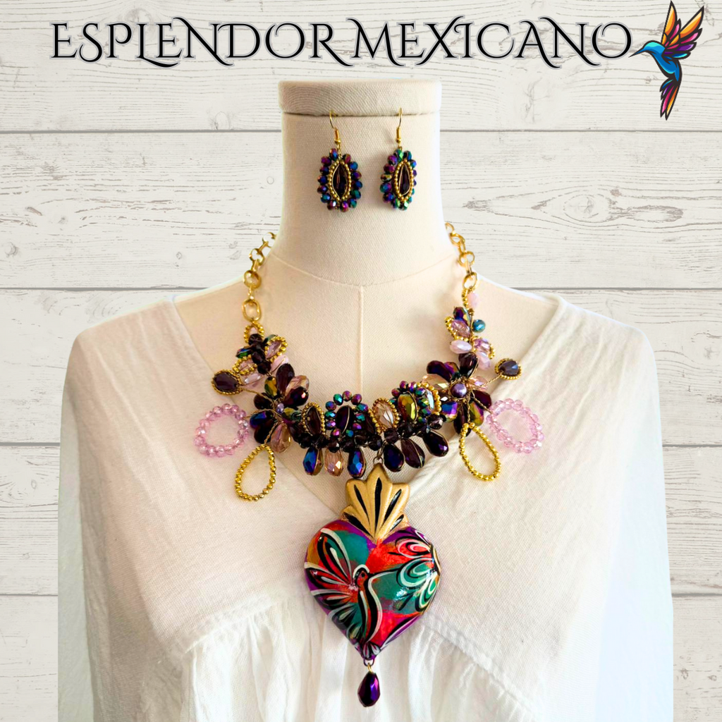 💜💛 Floral Heart Necklace Set – Hand-Painted Ceramic & Beads | Handmade in Mexico