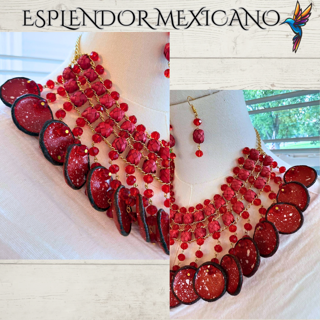 ❤️ Fiesta Dreams Statement Necklace Set – Talavera Clay Platitos, Palm & Glass Beads