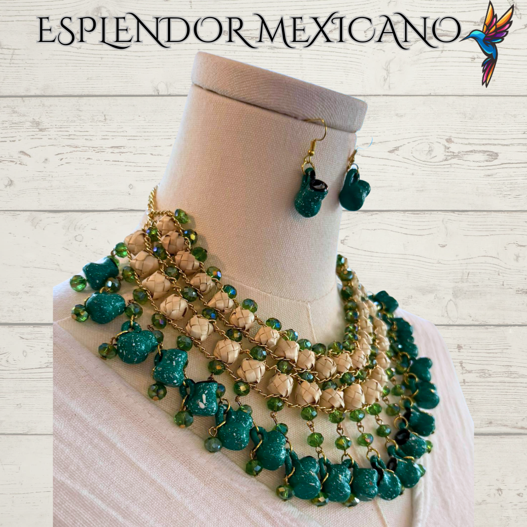 💚 Fiesta Dreams Statement Necklace Set – Talavera Clay Platitos, Palm & Beads
