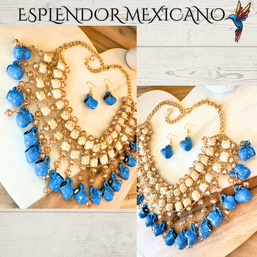 Fiesta Dreams Statement Necklace Set – Hand-Painted Jarritos, Palm & Glass Beads