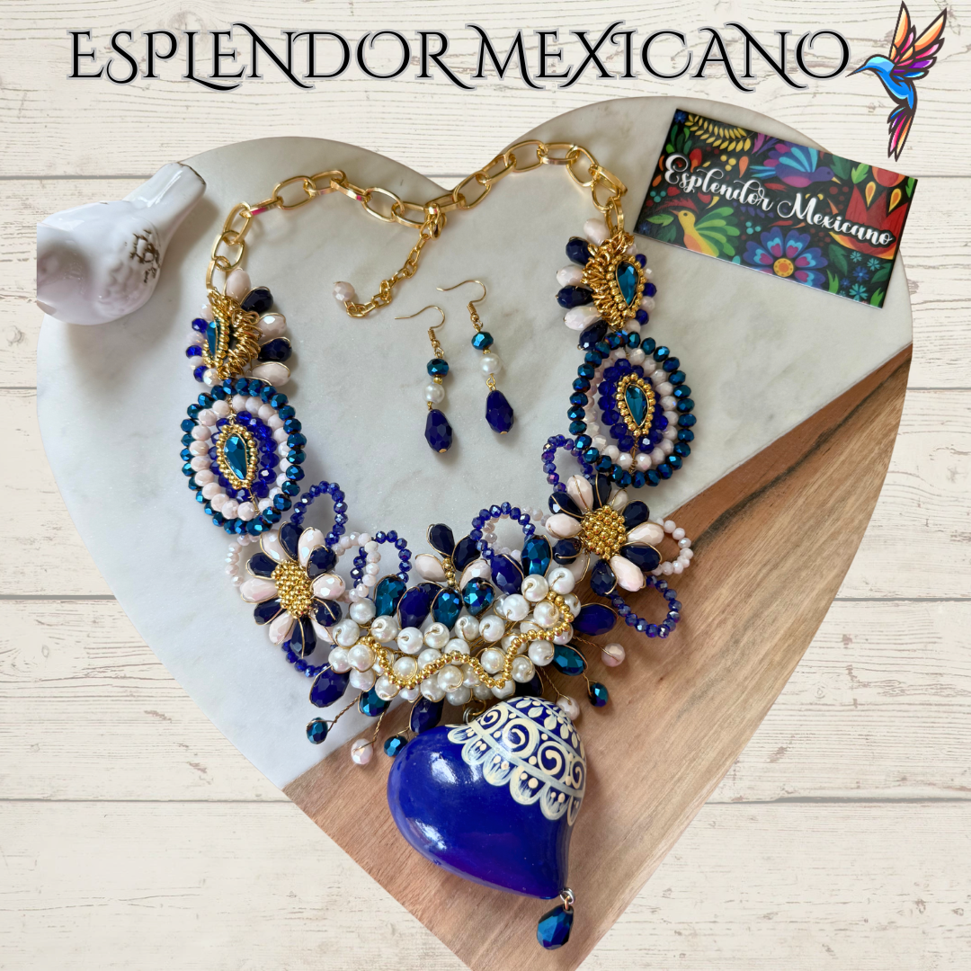 Mexican handmade Beaded Necklace Set with Hand Painted Ceramic Heart
