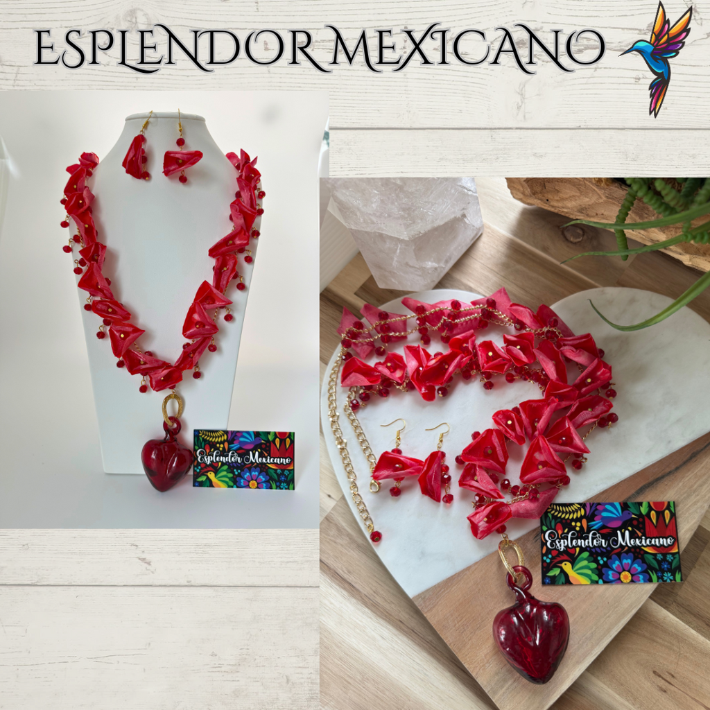 ❤️‍🔥 Handmade Fish Scale & Handblown Glass Heart Necklace Set