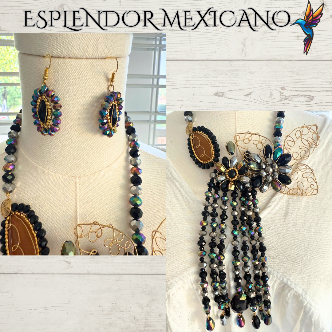 🖤💛 Handmade Floral Cascade Necklace Set
