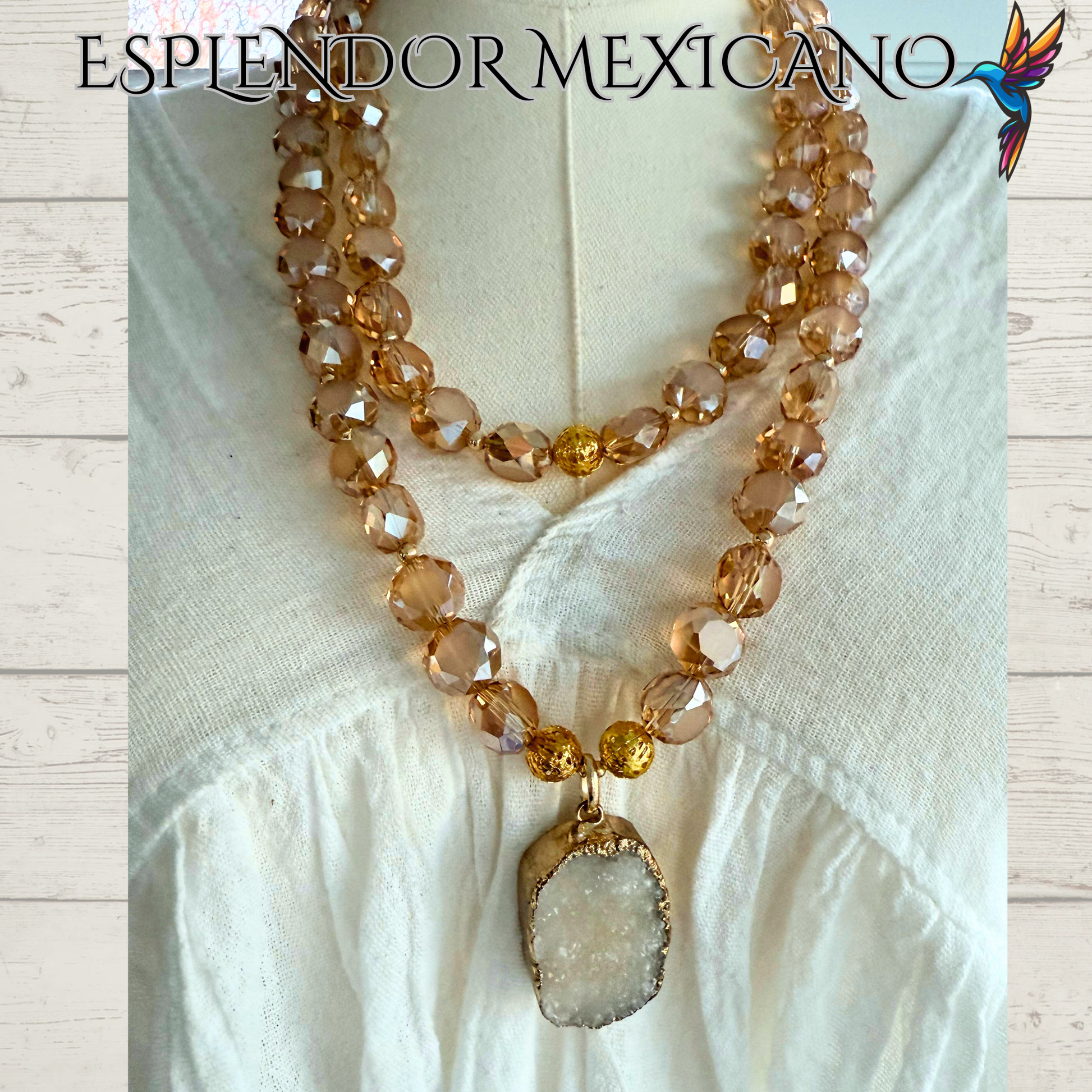 Beaded Golden Honey Faceted Cut Glass with Natural Stone pendant Necklace