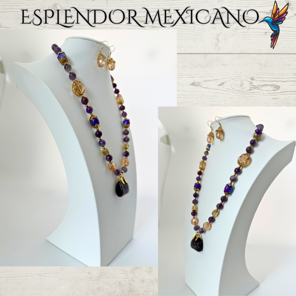 💜 Amethyst & Agate Purse Charm Necklace – Handmade in Mexico