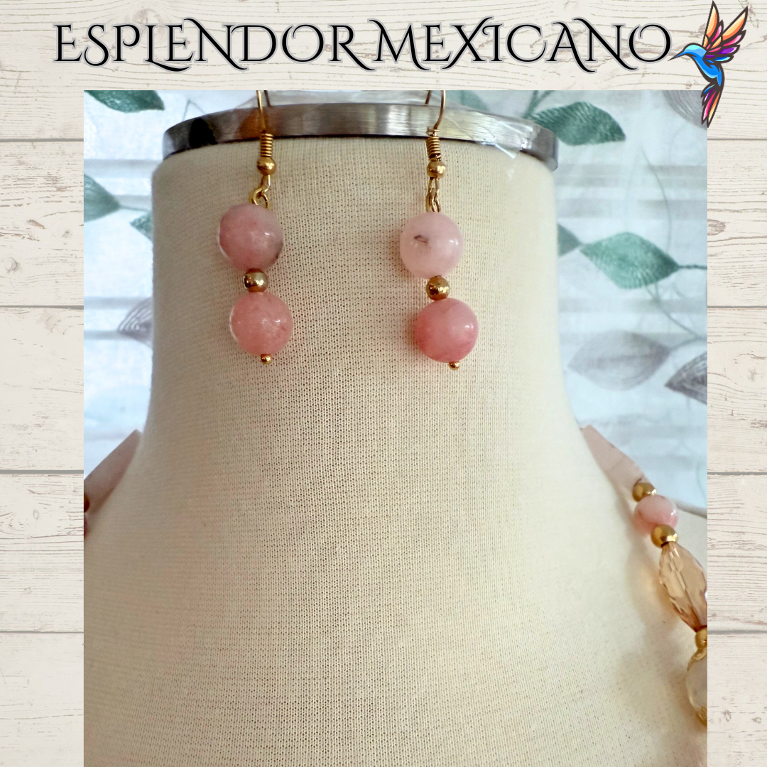 Mexican handmade Rose Pink Quartz Necklace Set/Natural Stone Healing Crystal Spiritual Protection Gift/Glass Charm Pendant/ Stone Necklace