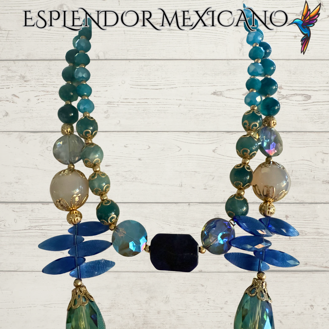 💙 Golden Handmade Necklace with Blue & Turquoise Gemstones – Artisan Jewelry from Mexico