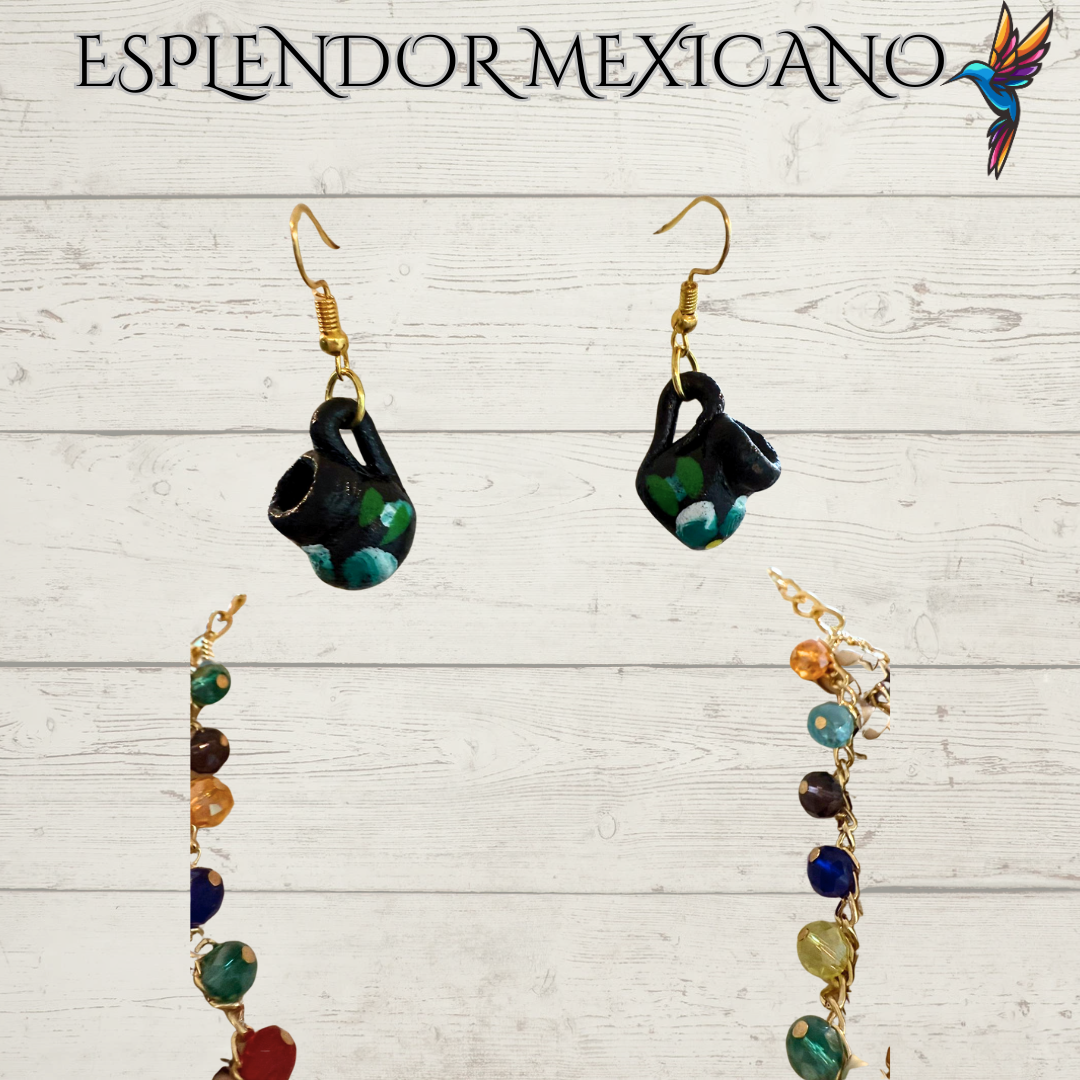 🌈 Colorful Jarritos Statement Necklace Set – Palm, Talavera Clay & Beads