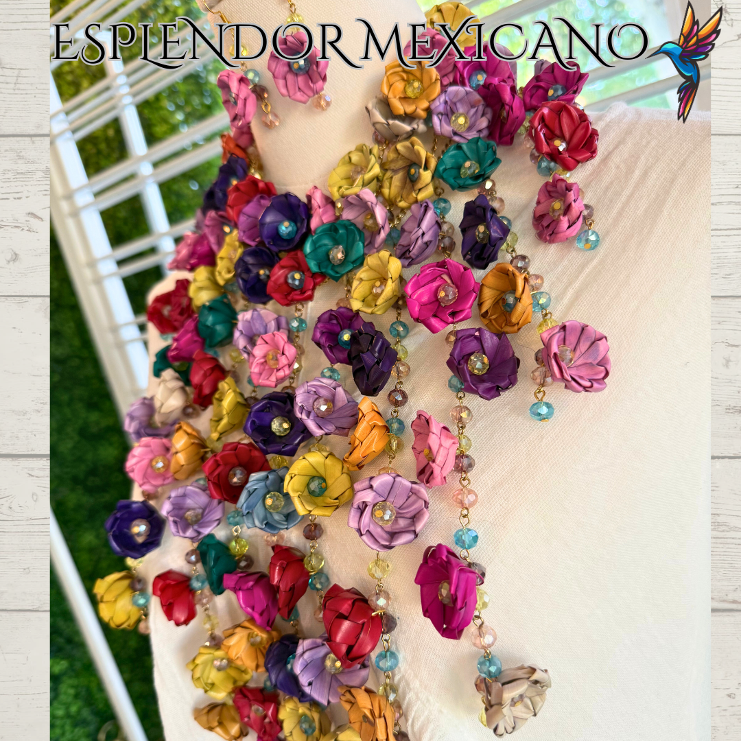 💜💙🩷💚🧡 Natural Palm Statement Necklace Set – Handmade with Glass Beads