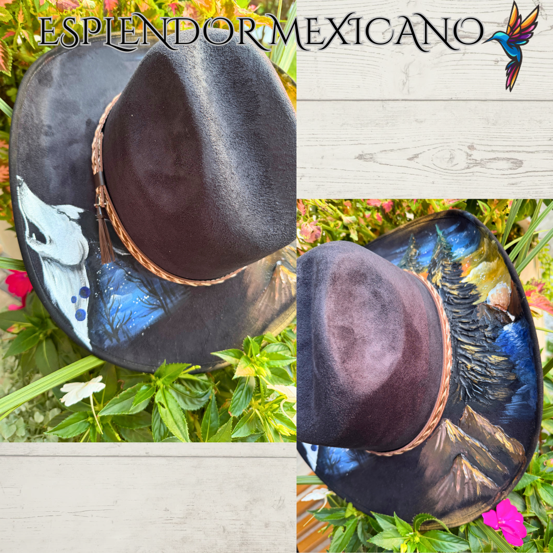🖤 Western Suede Cowgirl Hat – Hand-Painted Wolf & Mountain Scene