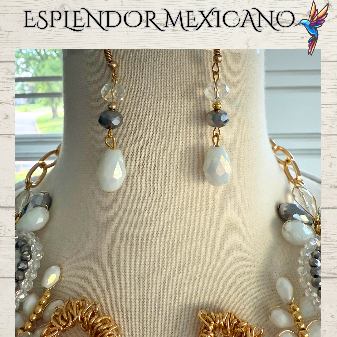 🤍✨ White & Gold Tear Drop Beaded Necklace Set – Handmade in Mexico